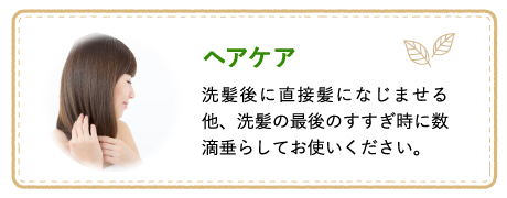 ヘアケア 洗髪後に直接髪になじませる他、洗髪の最後のすすぎ時に数滴垂らしてお使いください。