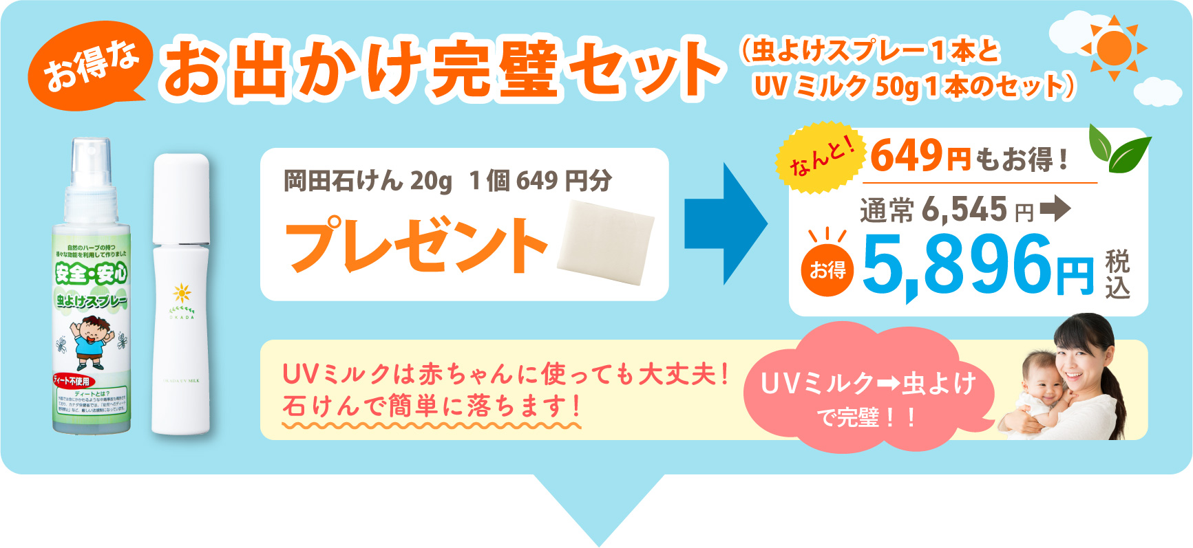 お出かけ完璧セット（虫よけスプレー１本とUVミルク50g１本のセット）