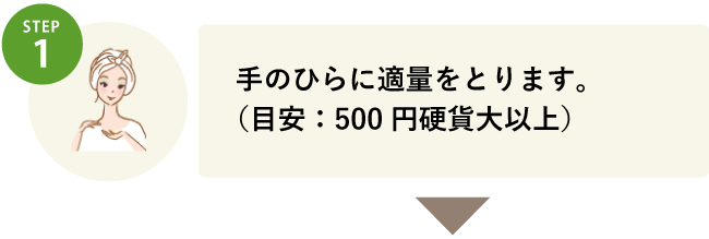 STEP1 手のひらに適量をとります。（目安：500円硬貨大以上）