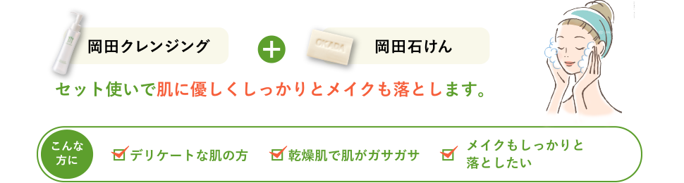 岡田クレンジング + 岡田石鹸 セット使いで肌に優しくしっかりとメイクも落とします。 デリケートな肌の方 乾燥肌で肌がガサガサ メイクもしっかりと落としたい